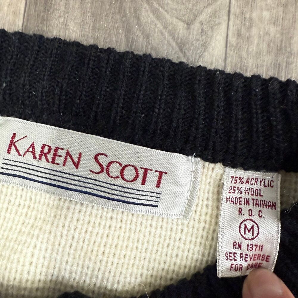 Vintage Karen Scott Wool Blend Contrast Trim Cardigan Cream Black Gold M - Picture 2 of 4